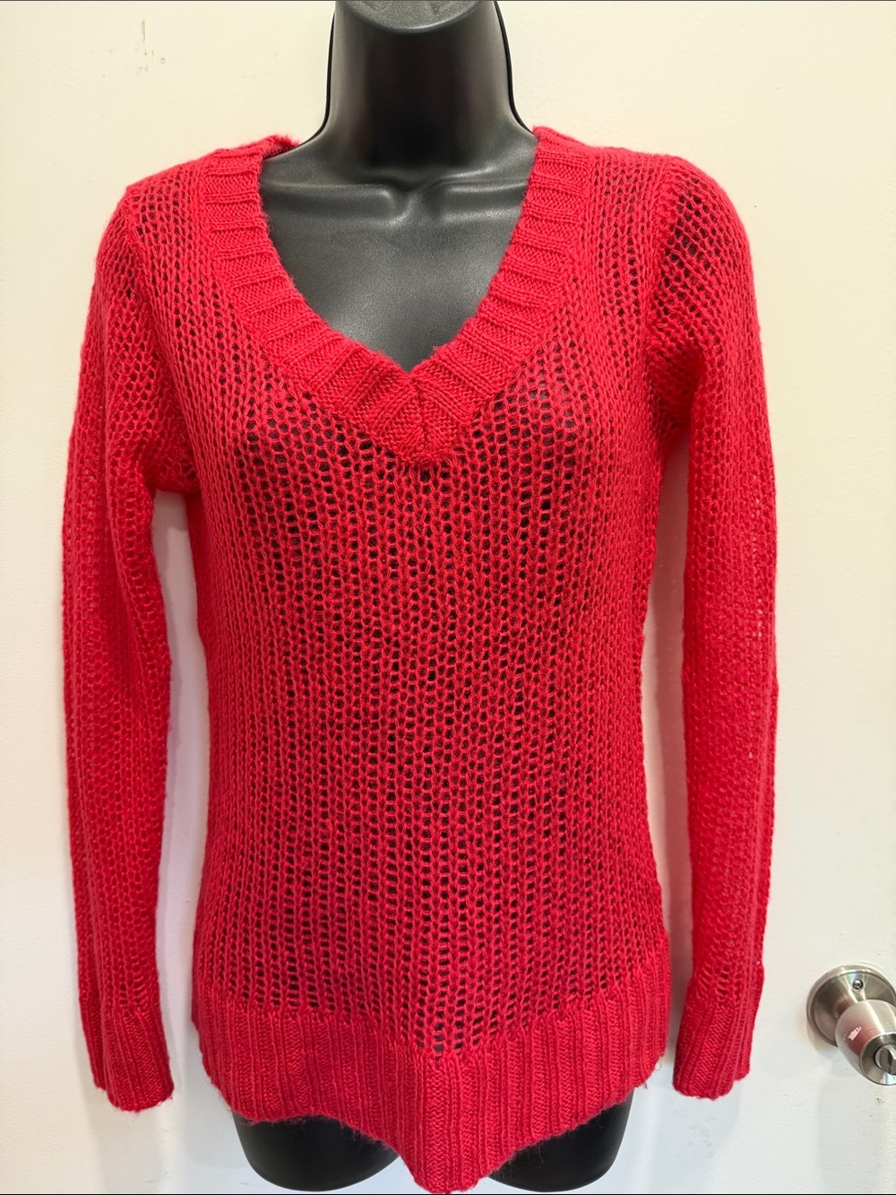 Women's Red V-Neck Open Knit Sweater